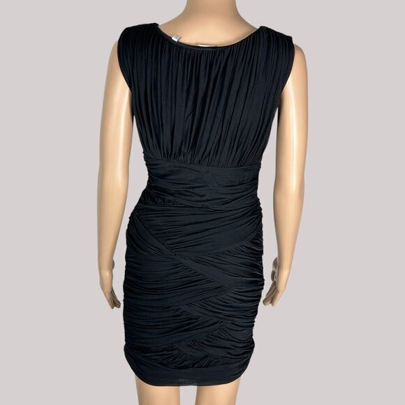Halston Heritage Black Bodycon Ruched Mock Wrap Black Cocktail Dress (M) - Picture 5 of 16